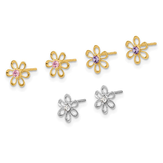 and Multi-color CZ Flower 3-pair Post Earring Set - WBC