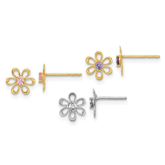 and Multi-color CZ Flower 3-pair Post Earring Set - WBC
