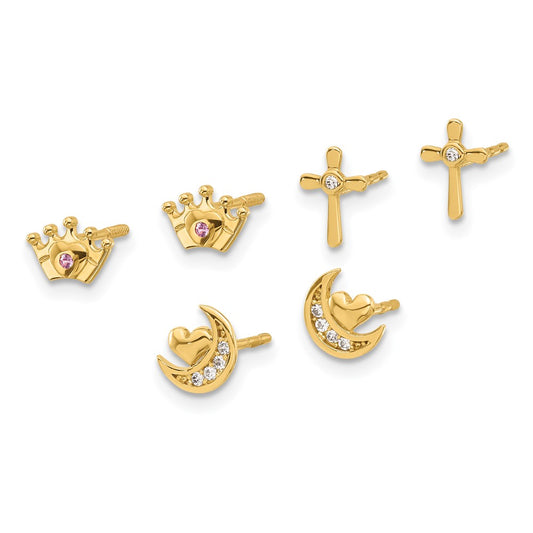 Polished Clear and Pink CZ Moon/Cross/Crown 3-Pair Post Earring Set - WBC