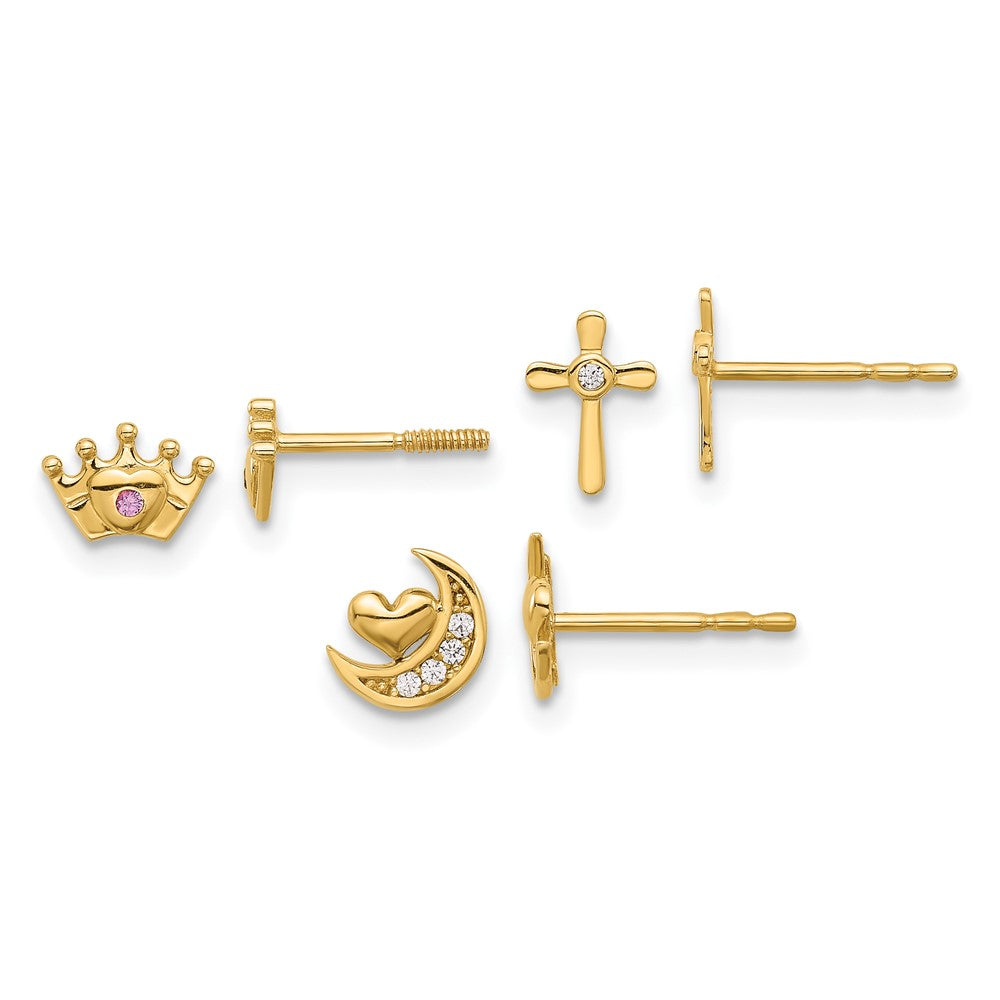 Polished Clear and Pink CZ Moon/Cross/Crown 3-Pair Post Earring Set - WBC