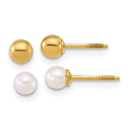 Polished Ball and 3- Freshwater Cultured Pearl Screwback Post Set of 2 Pair Earrings - WBC