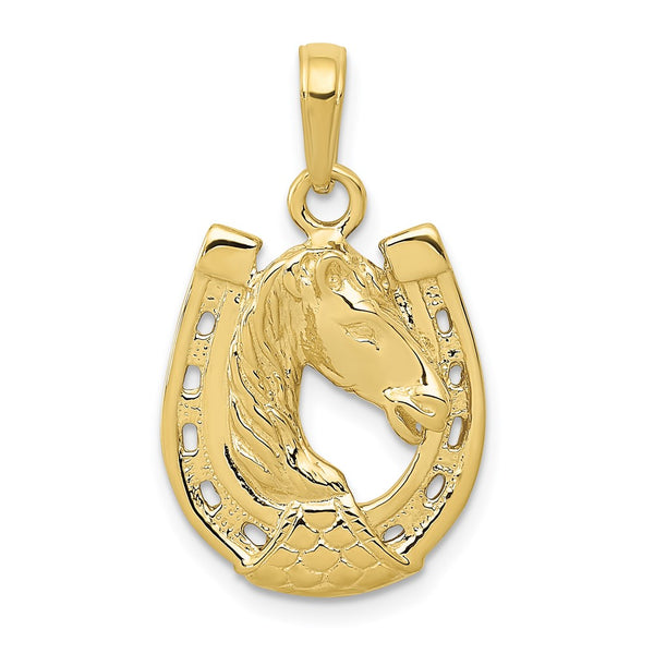 10k Solid Polished Horse Head in Horseshoe Pendant-WBC-10C2201