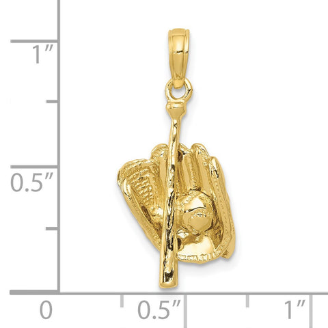 10K Polished 3-D Glove/Bat/Ball Baseball Pendant-WBC-10C2656