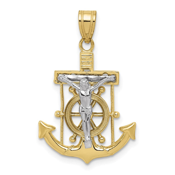 10k Two-tone Diamond-cut Mariner's Cross Pendant-WBC-10C3714