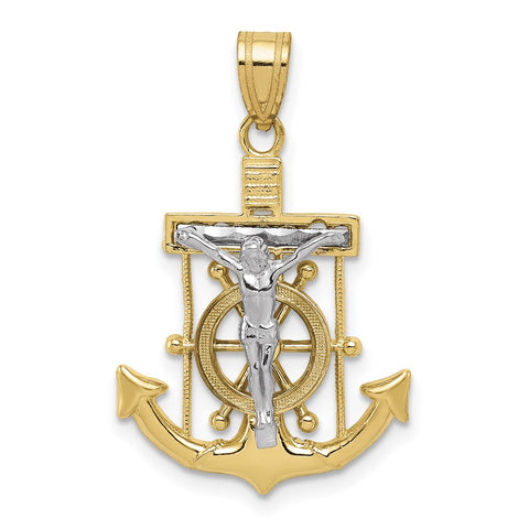 10k Two-tone Diamond-cut Mariner's Cross Pendant-WBC-10C3714