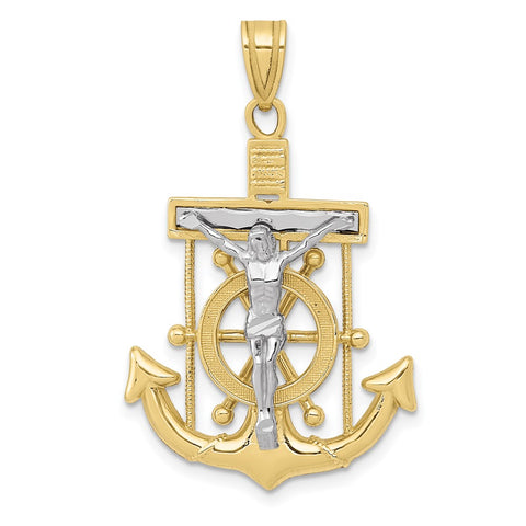 10k Two-tone Diamond-cut Mariner's Cross Pendant-WBC-10C3715