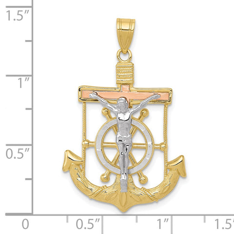 10k Tri-color Diamond-cut w/Textured Mariner's Cross Pendant-WBC-10C3931