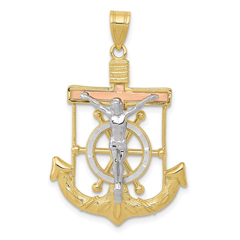 10k Tri-color Diamond-cut w/Textured Mariner's Cross Pendant-WBC-10C3931