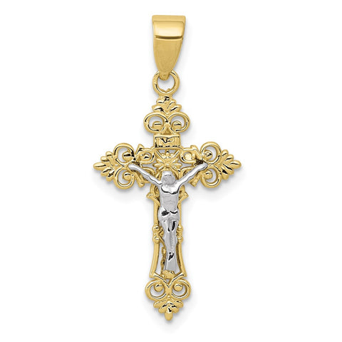 10K Two-tone Small Lacey-edged INRI Crucifix Pendant-WBC-10C4386