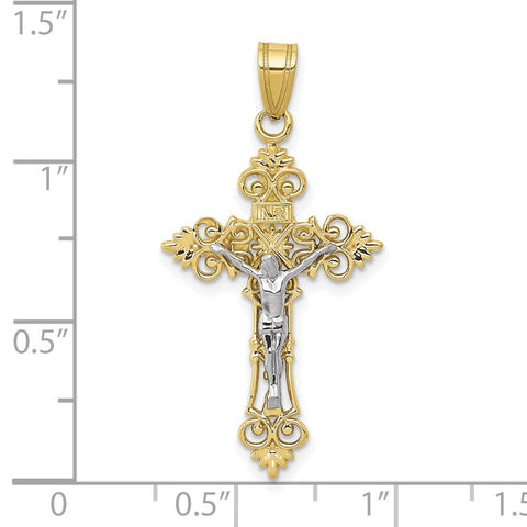 10K Two-tone Medium Lacey-edged INRI Crucifix Pendant-WBC-10C4387
