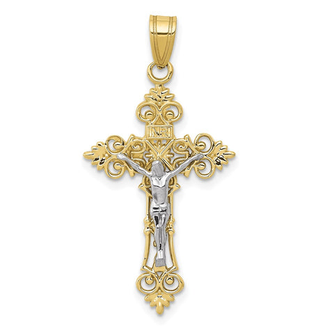 10K Two-tone Medium Lacey-edged INRI Crucifix Pendant-WBC-10C4387