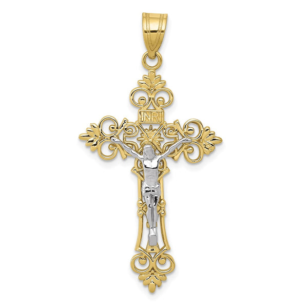10K Two-tone Large Lacey-edged INRI Crucifix Pendant-WBC-10C4388