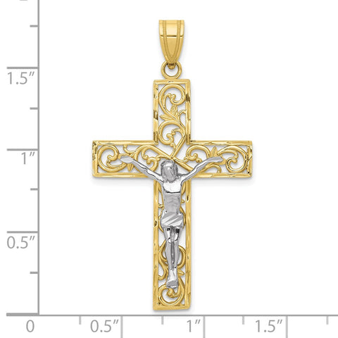 10K Two-tone D/C Large Block Filigree Cross w/Crucifix Pendant-WBC-10C4394