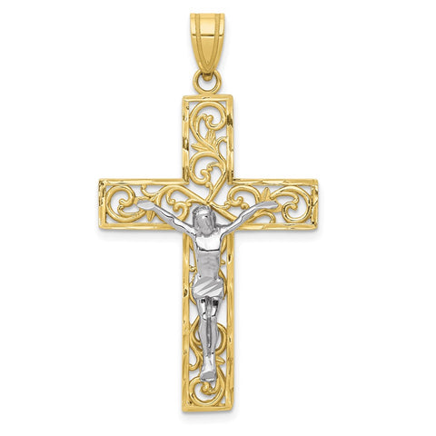 10K Two-tone D/C Large Block Filigree Cross w/Crucifix Pendant-WBC-10C4394