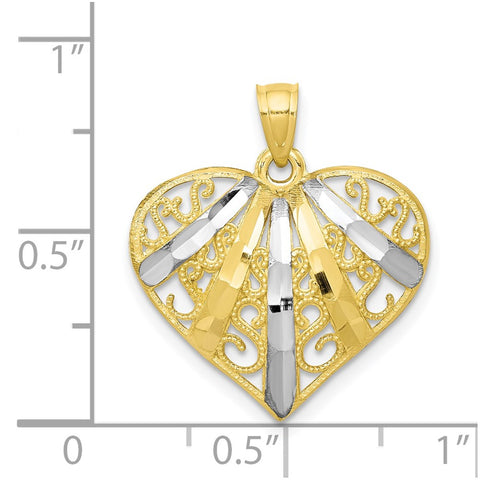 10K w/Rhodium Diamond-Cut Filigree Heart Pendant-WBC-10C944