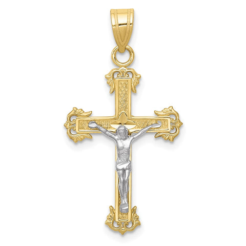 10K Two-tone Diamond-cut Crucifix Pendant-WBC-10D3636