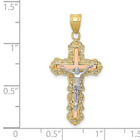 10K Tri-color Diamond-cut Crucifix Pendant-WBC-10D3644