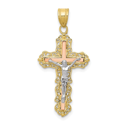 10K Tri-color Diamond-cut Crucifix Pendant-WBC-10D3644