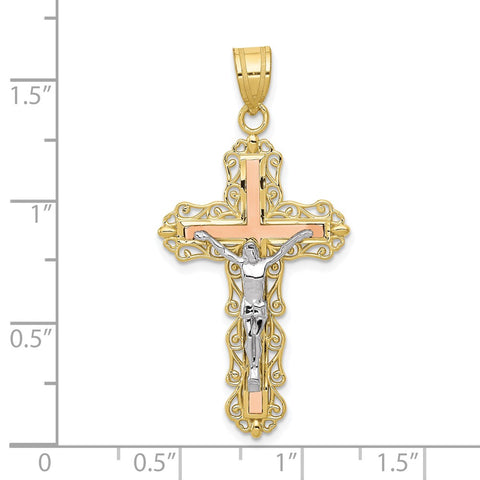 10K Tri-color Diamond-cut Crucifix Pendant-WBC-10D3645