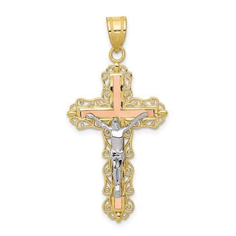 10K Tri-color Diamond-cut Crucifix Pendant-WBC-10D3645