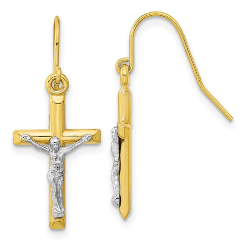 10k Two-tone Polished Crucifix Earrings-WBC-10ER298