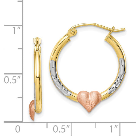10k Two-tone & White Rhodium D/C Heart Hoop Earrings-WBC-10ER303