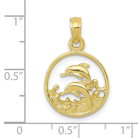 10K Double Dolphin Circle Pendant-WBC-10K3018
