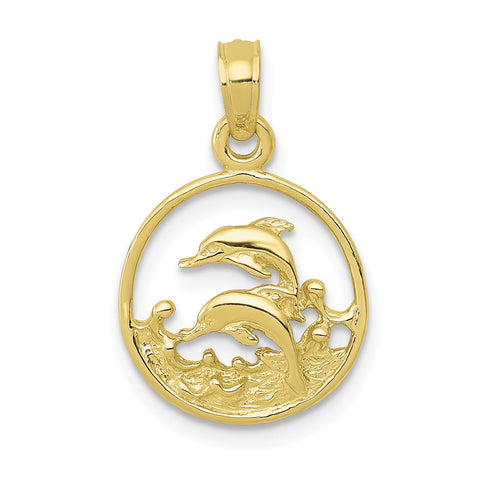 10K Double Dolphin Circle Pendant-WBC-10K3018