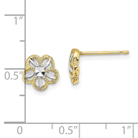 10K w/Rhodium Diamond-cut Flower Post Earrings-WBC-10K4410
