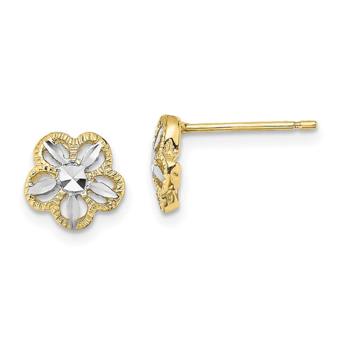 10K w/Rhodium Diamond-cut Flower Post Earrings-WBC-10K4410