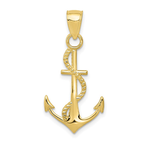 10K Gold Polished Anchor W/Rope Pendant-WBC-10K5395