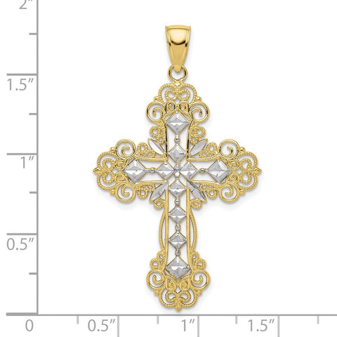 10K & Rhodium Polished & Textured Diamond Pattern Cross Pendant-WBC-10K5458