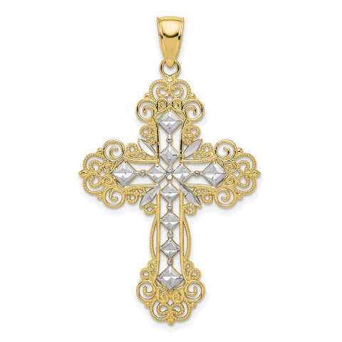 10K & Rhodium Polished & Textured Diamond Pattern Cross Pendant-WBC-10K5458