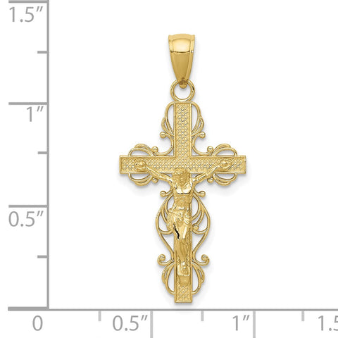 10K Gold Polished Crucifix w/lace Trim Pendant-WBC-10K5567
