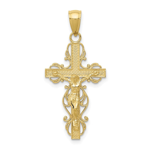 10K Gold Polished Crucifix w/lace Trim Pendant-WBC-10K5567