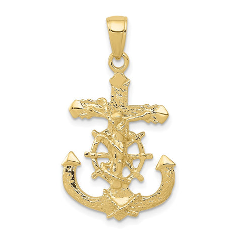 10K Polished & Textured 2-D Mariners Crucifix Rope/Wheel Pendant-WBC-10K5577