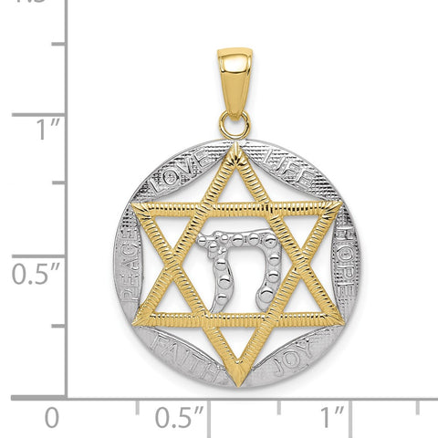 10K & Rhodium Polished Jewish Star with Chai in Round Pendant-WBC-10K5712