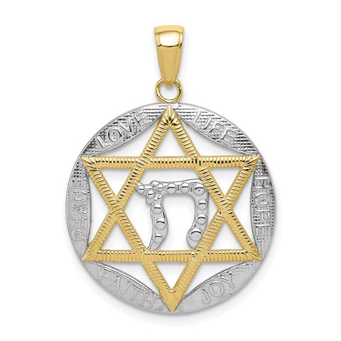 10K & Rhodium Polished Jewish Star with Chai in Round Pendant-WBC-10K5712