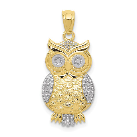 10K & Rhodium Polished & Textured Owl Pendant-WBC-10K5978