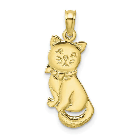 10K 3-D Polished Sitting Cat w/Bow Charm-WBC-10K6595