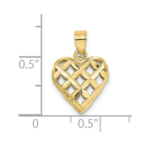 10K 3-D Diamond-cut Filigree Puffed Heart Charm-WBC-10K7131