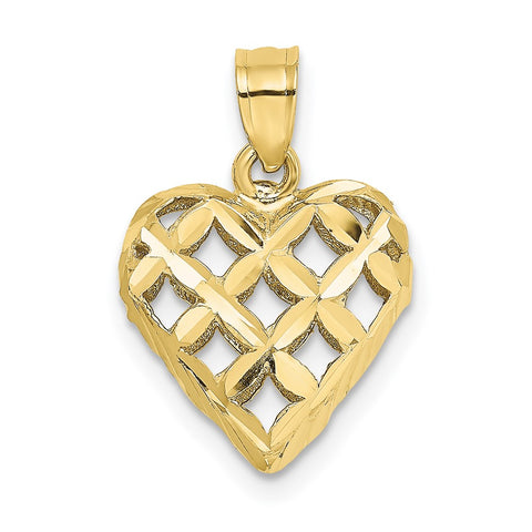 10K 3-D Diamond-cut Filigree Puffed Heart Charm-WBC-10K7131