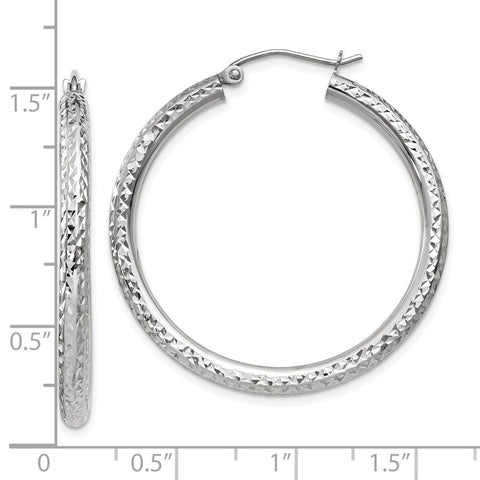 10k White Gold Diamond-cut 3mm Round Hoop Earrings-WBC-10TC251