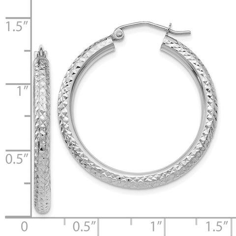 10k White Gold Diamond-cut 3mm Round Hoop Earrings-WBC-10TC252