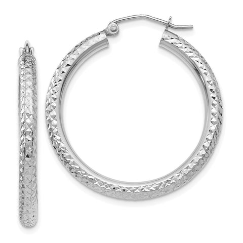 10k White Gold Diamond-cut 3mm Round Hoop Earrings-WBC-10TC252