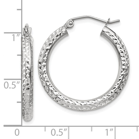 10k White Gold Diamond-cut 3mm Round Hoop Earrings-WBC-10TC253