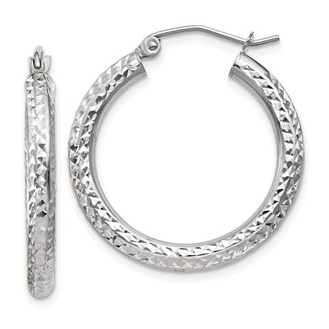 10k White Gold Diamond-cut 3mm Round Hoop Earrings-WBC-10TC253