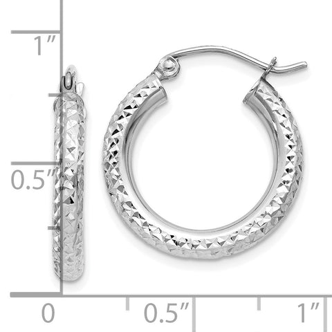 10k White Gold Diamond-cut 3mm Round Hoop Earrings-WBC-10TC254