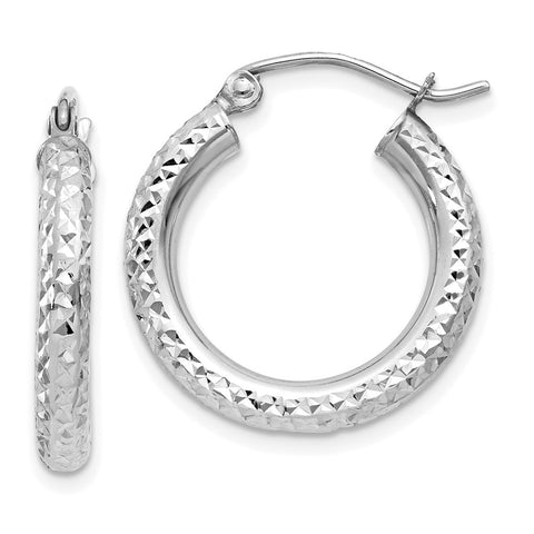 10k White Gold Diamond-cut 3mm Round Hoop Earrings-WBC-10TC254