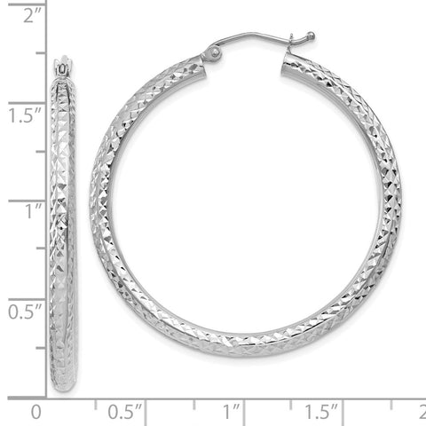 10k White Gold Diamond-cut 3mm Round Hoop Earrings-WBC-10TC257